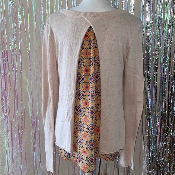 Yellow Bird Oatmeal Split Back Mosaic Sweater - Picture 2 of 4